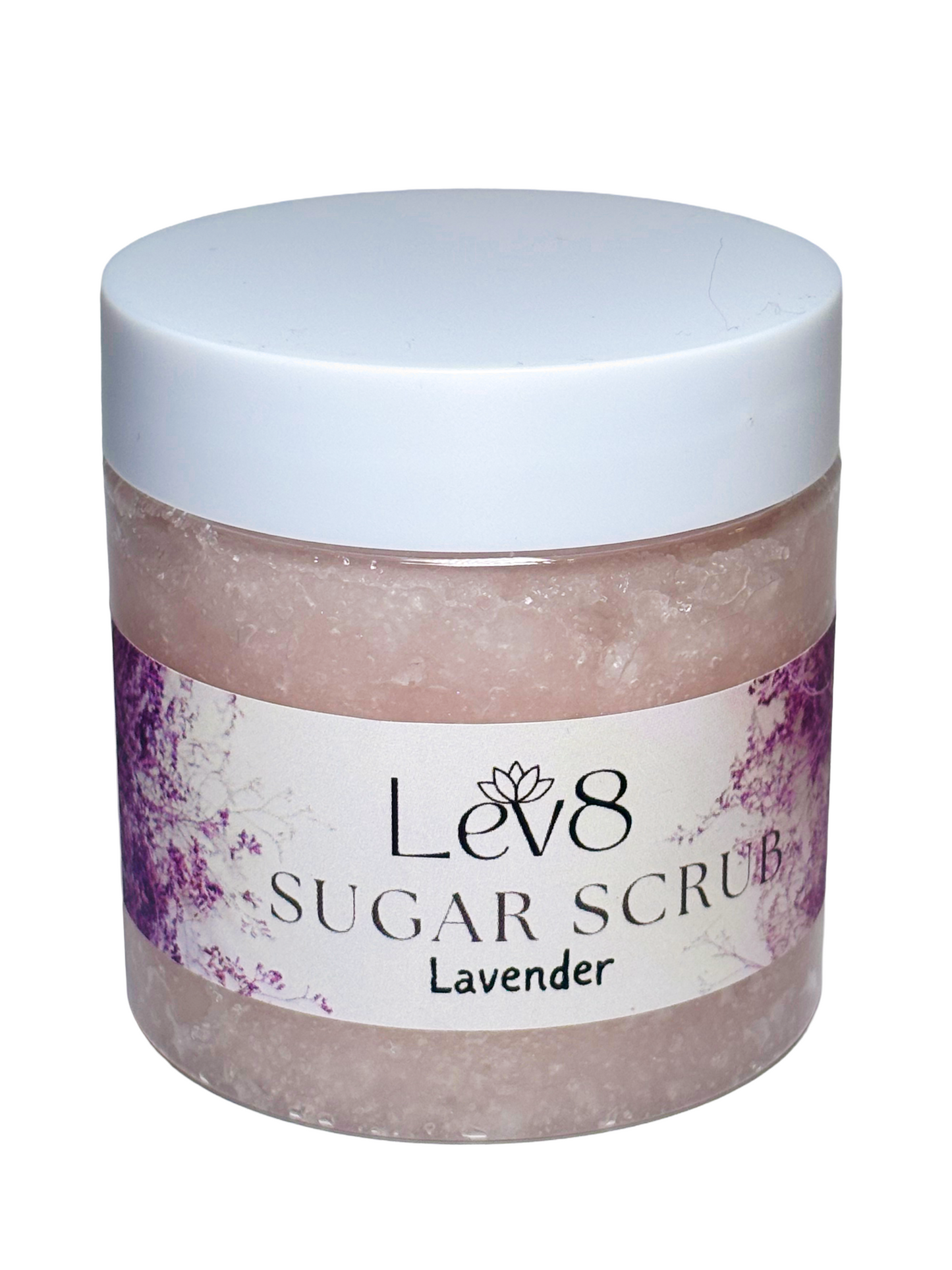 Jar of Lev8 Lavender Sugar Scrub on a white background