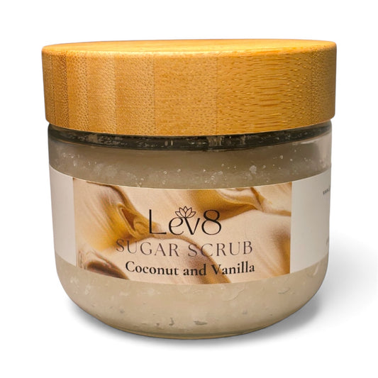 Lev8 Naturally Sugar Scrub Vanilla Coconut 10ozGlass Jar with Bamboo Lid
