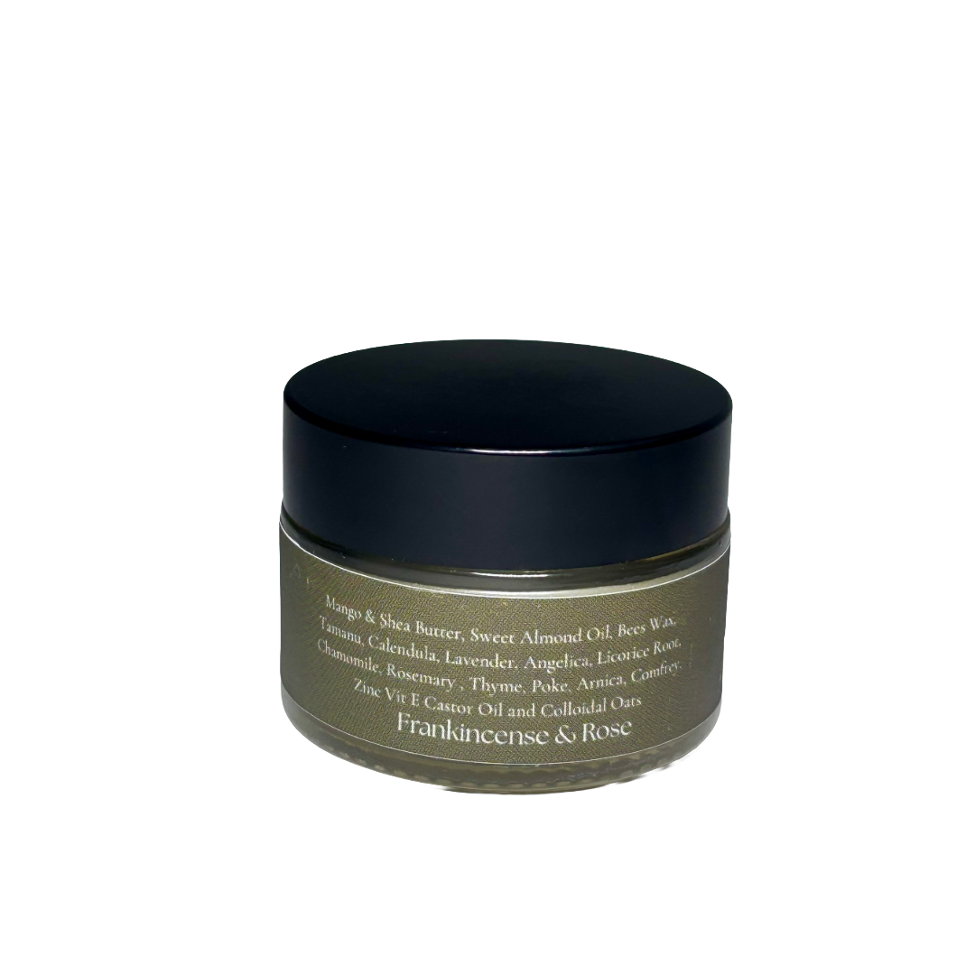 Cosmetic jar with black lid and greenish-brown body on a white background