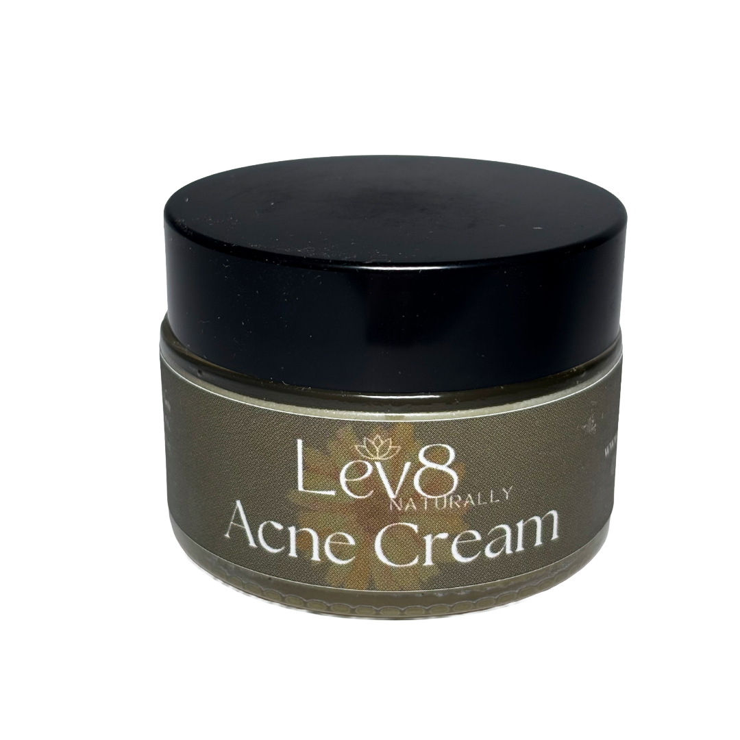 Jar of Lev8 Acne Cream on a white background