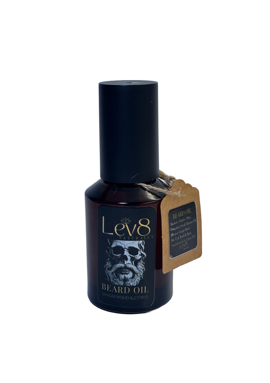 Bottle of Lev8 beard oil with a skull design on a white background