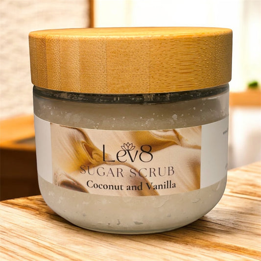Lev8 Naturally Sugar Scrub Vanilla Coconut 10ozGlass Jar with Bamboo Lid