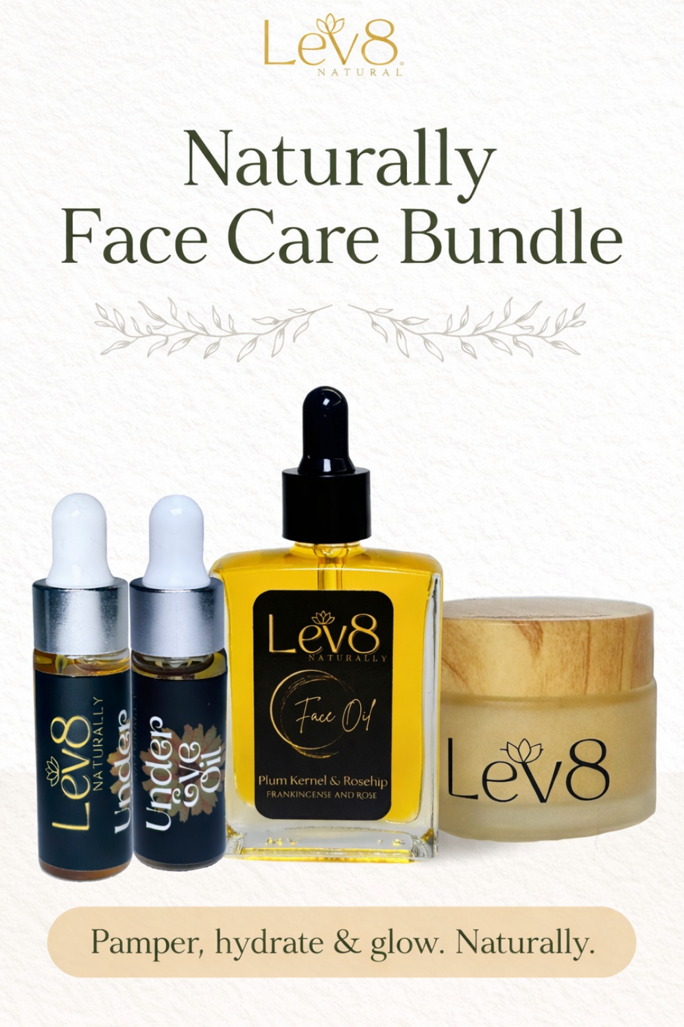 Lev8 Naturally face care bundle with \ cream, and droppers on a white background