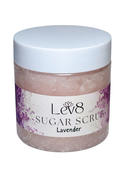 Jar of Lev8 Lavender Sugar Scrub on a white background