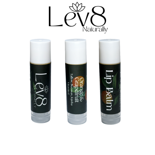 Three lip balm sticks with 'Lev8' branding on a white background