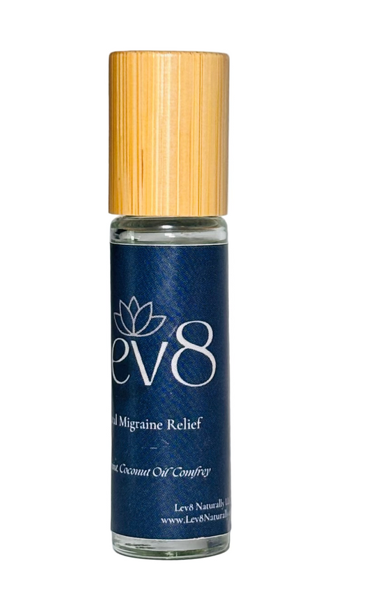 Bottle of ev8 Migraine Relief with a wooden cap on a gray background