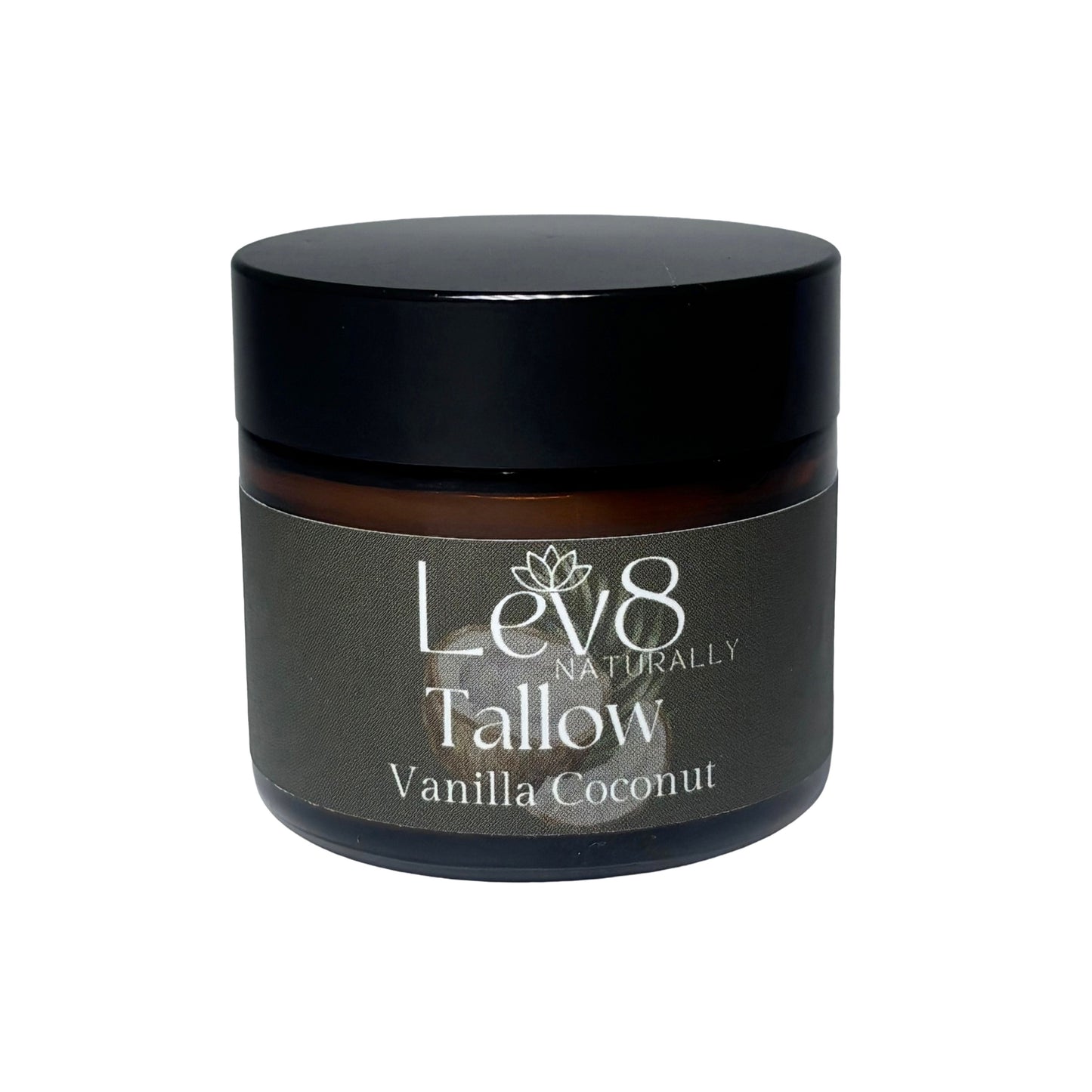 Jar of Lev8 Naturally Tallow Vanilla Coconut on a white background
