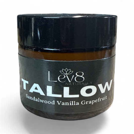 Jar of Lev8 Tallow with sandalwood vanilla grapefruit essential oils does tallow moisturize the skin